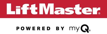 A red and white logo for lift master powered by my q
