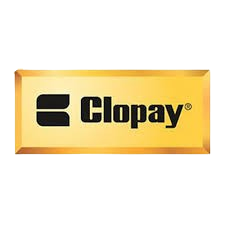 A gold and black logo for clopay on a white background.