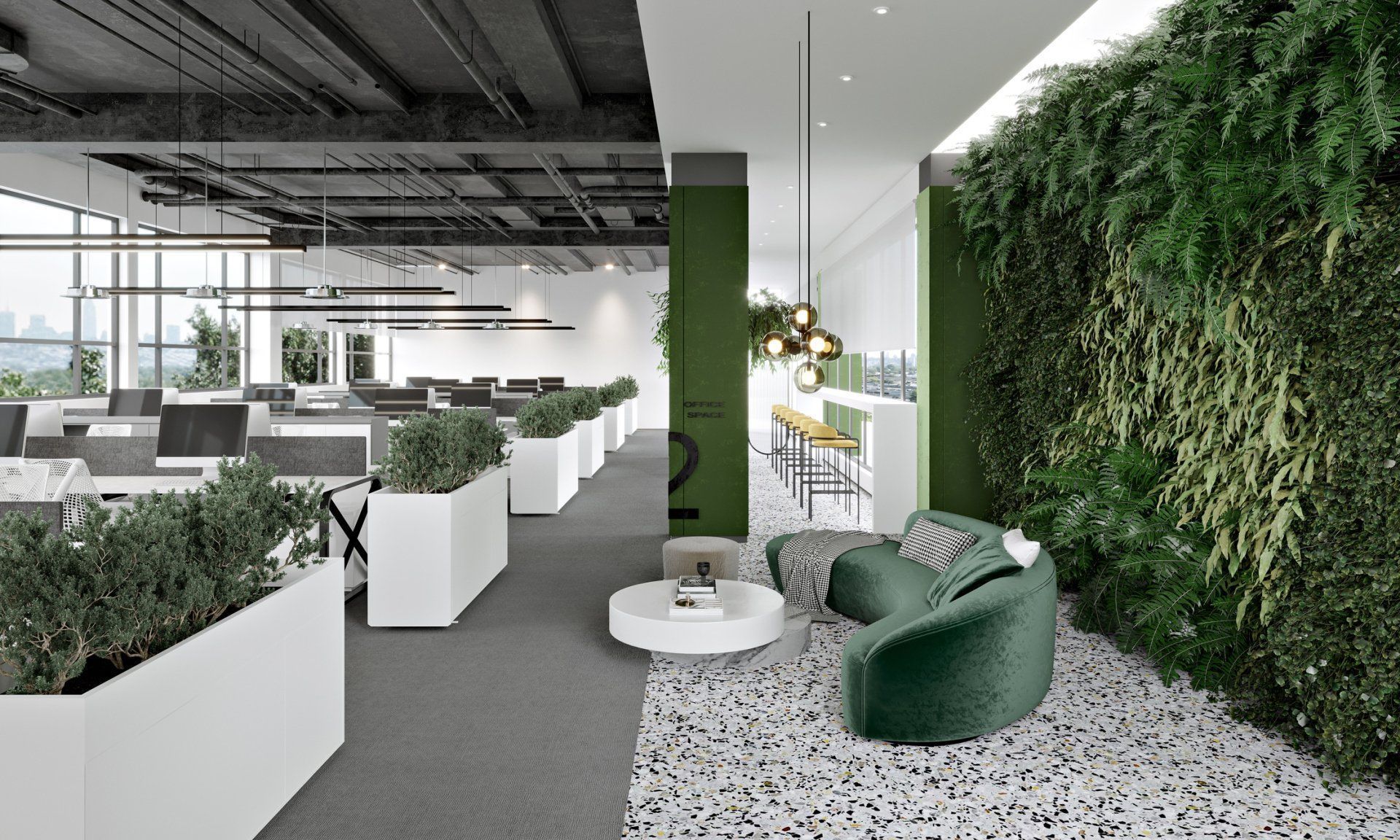 There is a green wall in the middle of the room.