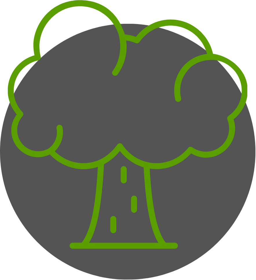 A green line drawing of a tree in a circle.