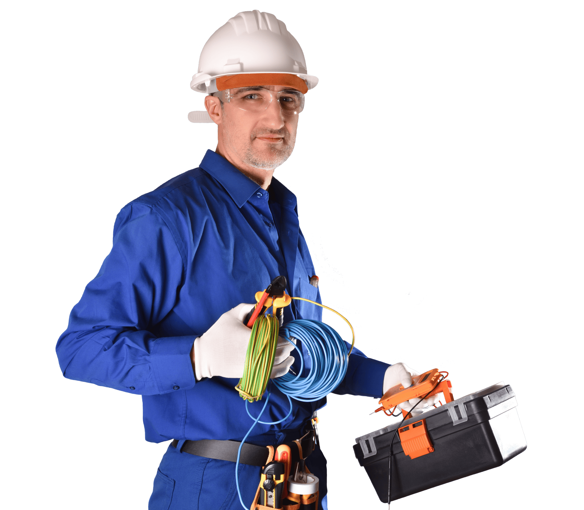 A man wearing a hard hat is holding a wire and a toolbox