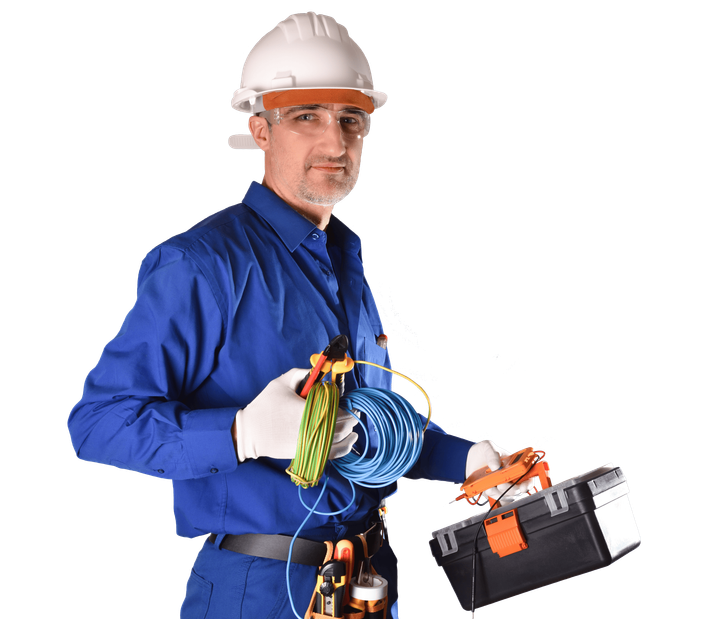 A man wearing a hard hat is holding a wire and a toolbox