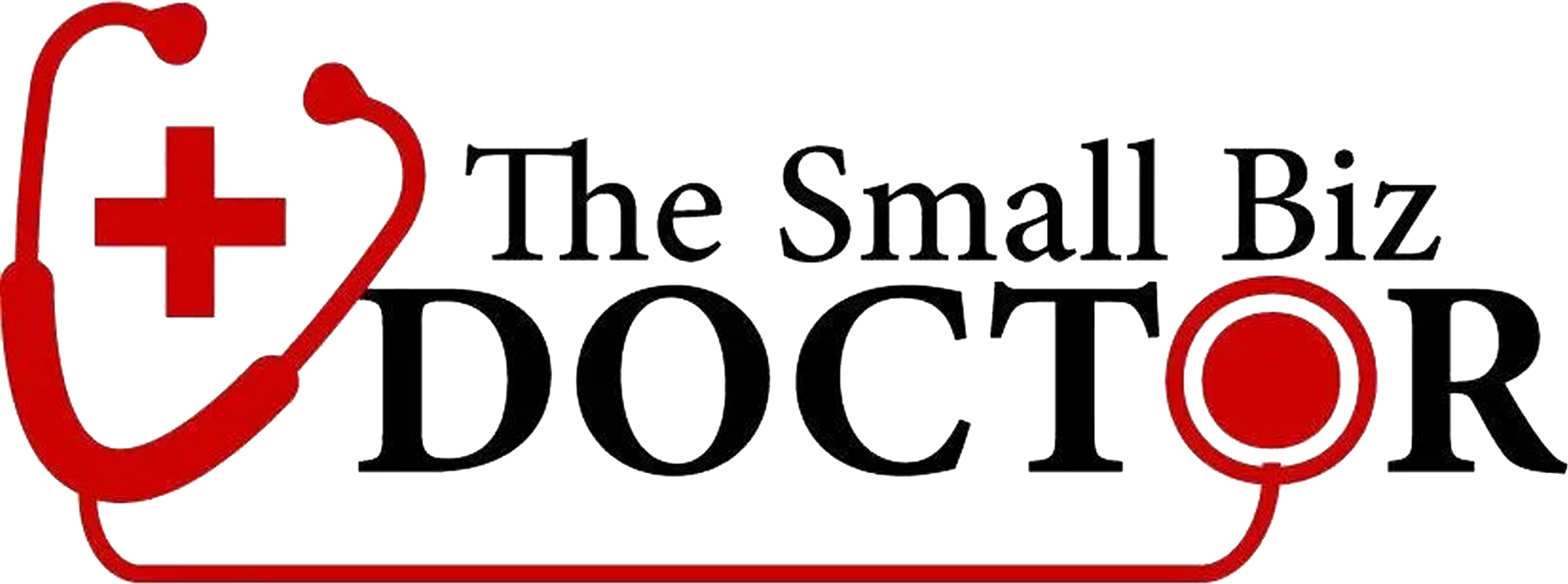 Logo for "The Small Biz Doctor," featuring a stethoscope and a red cross symbol.