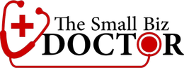 Logo for "The Small Biz Doctor," featuring a stethoscope and a red cross symbol.