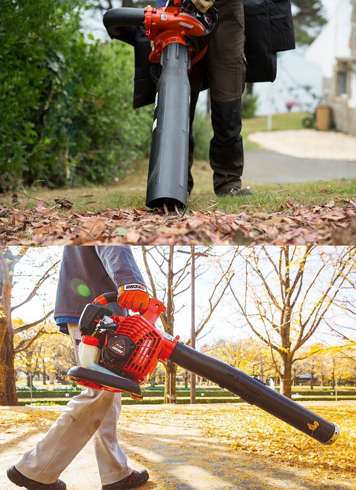 Una persona sta usando un soffiatore per soffiare le foglie in un parco.
