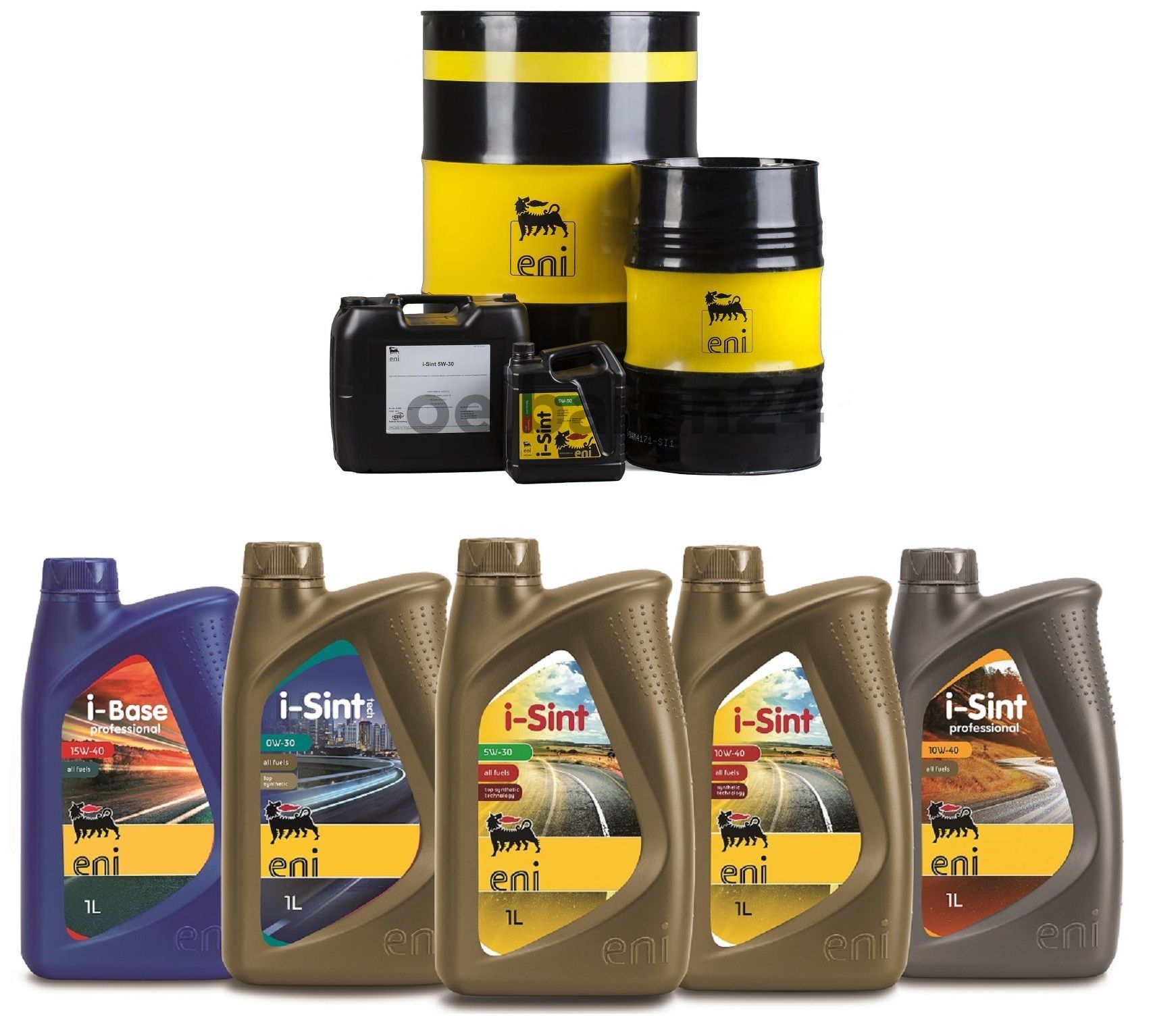 Diverse bottiglie di olio i-sint sono allineate una accanto all'altra