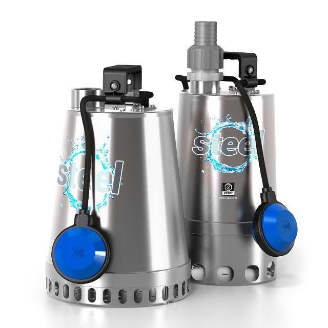 Due pompe sommergibili in acciaio inox con interruttori blu