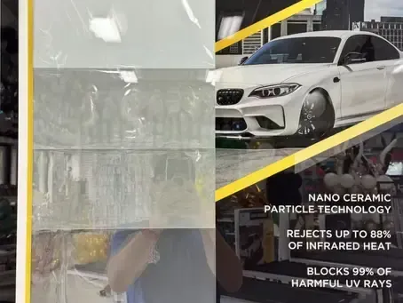 Car window tint demo showing clear and darkened film, with white sedan and text on infrared heat rejection