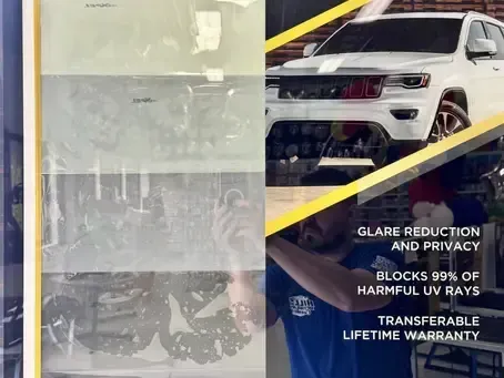 Car with tinted window film, showing glare reduction, privacy, and UV protection features
