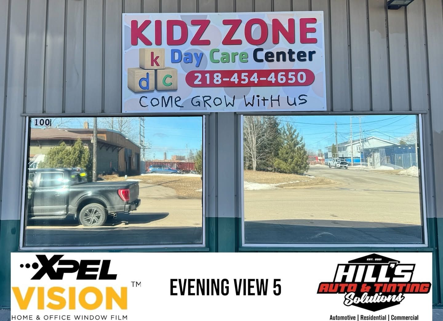 Kidz Zone Day Care Center storefront with large sign, windows, and XPEL Vision and Hills Auto Tinting decals