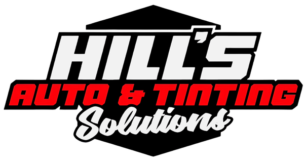 Hills Auto & Tinting Solutions logo in black, red, and white with stylized roof graphic