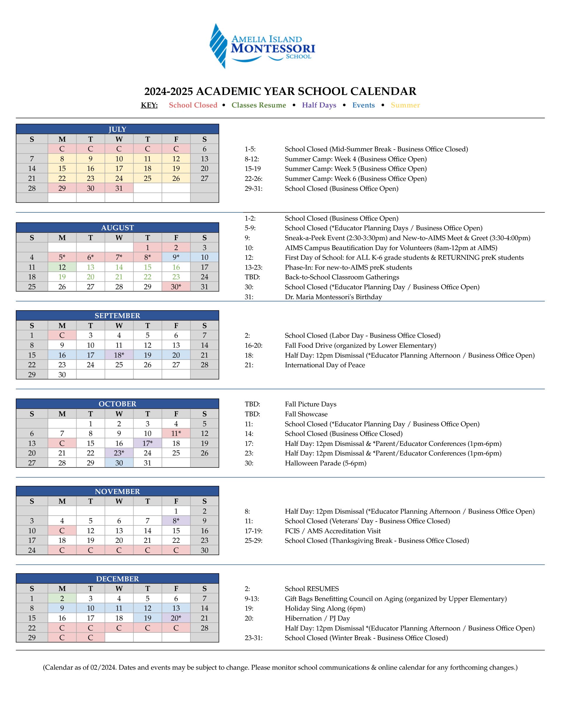 Calendar Amelia Island Montessori School