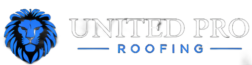 United Pro Roofing logo with stylized white house roof over blue and silver text on black background