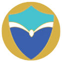 Shield logo with blue and turquoise sections, white accents, and a gold border.