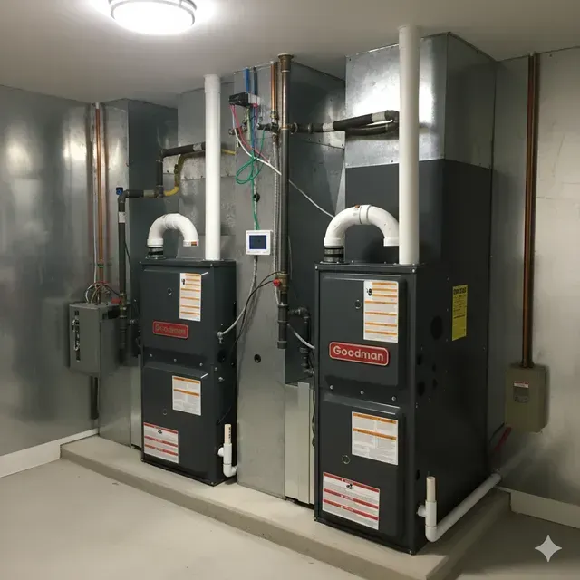 Two Goodman furnaces in a utility room. Gray and silver with white vent pipes.