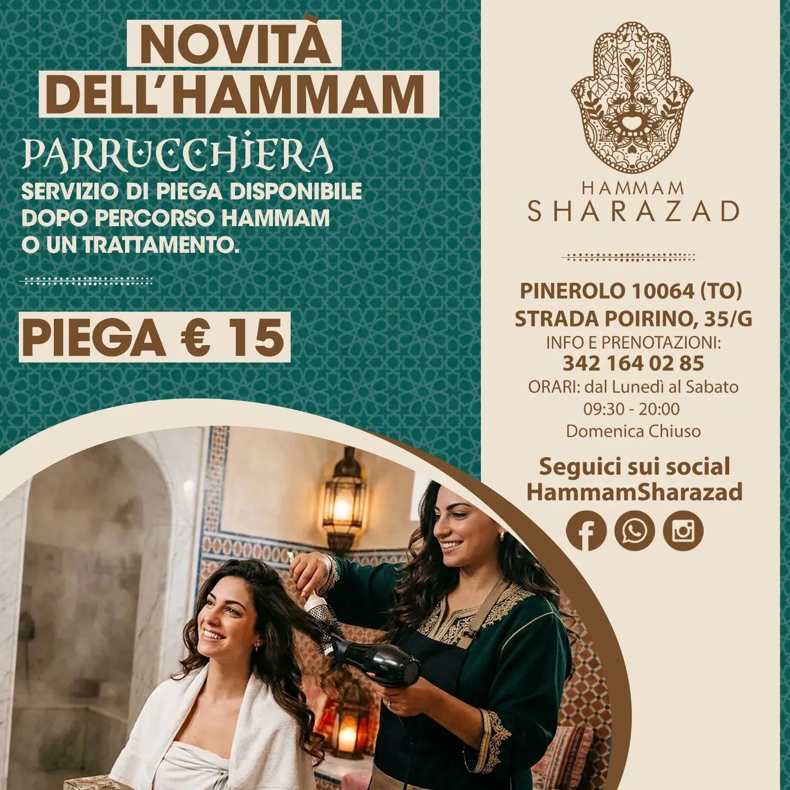 Pubblicità di un parrucchiere per un trattamento Hammam nei toni del beige e del verde acqua, con donne in un salone e il prezzo 