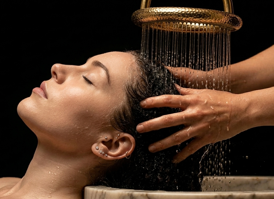 Una donna è sdraiata sotto il soffione della doccia mentre le sue mani le massaggiano i capelli bagnati in un ambiente da spa.
