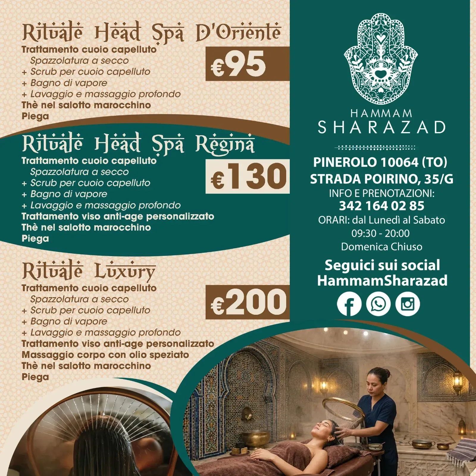 Volantino con il menù della spa nei colori crema e verde acqua, con prezzi dei servizi, logo di Hammam Sharazad, recapiti e foto dei massaggi.