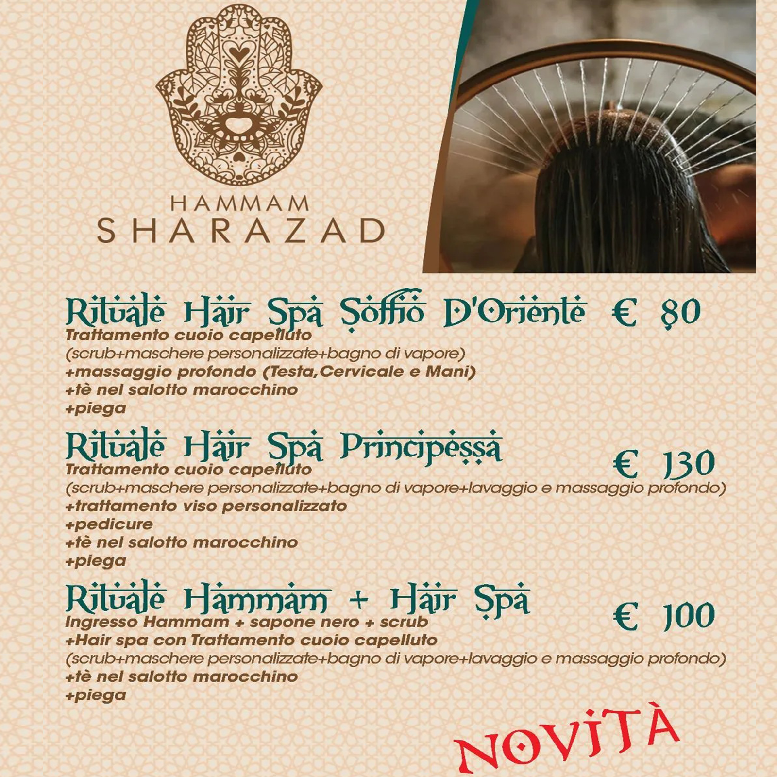 Menù della spa per l'Hammam Sharazad con trattamenti per capelli e prezzi in euro, in beige e verde con la scritta rossa 