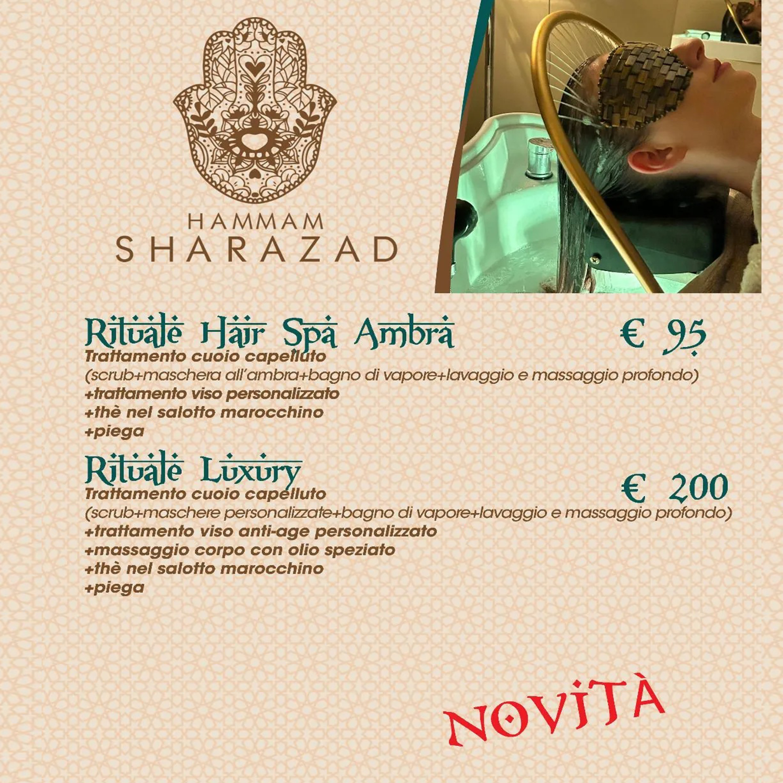 Menù della spa dell'hammam Sharazad con logo dorato, descrizione dei trattamenti e foto di una cliente sdraiata a €95/€200.