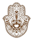 Mano di Hamsa ornamentale marrone con motivi floreali e a forma di occhio su sfondo bianco.
