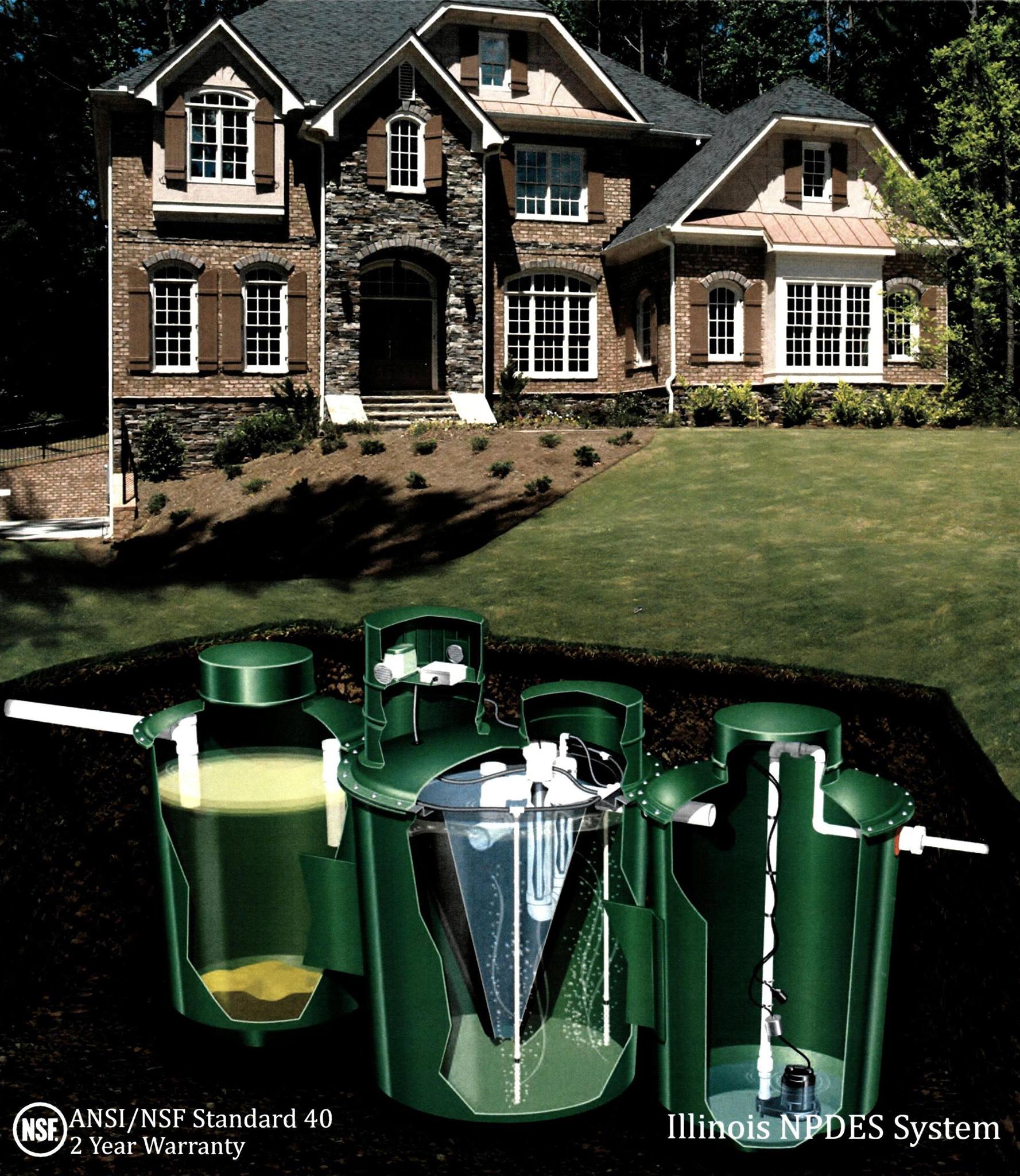 Brick suburban house above row of green septic tanks showing an underground drainage system.