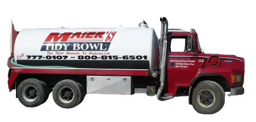 Red fuel truck with white tank labeled “Myers My Bowl,” shown in profile.