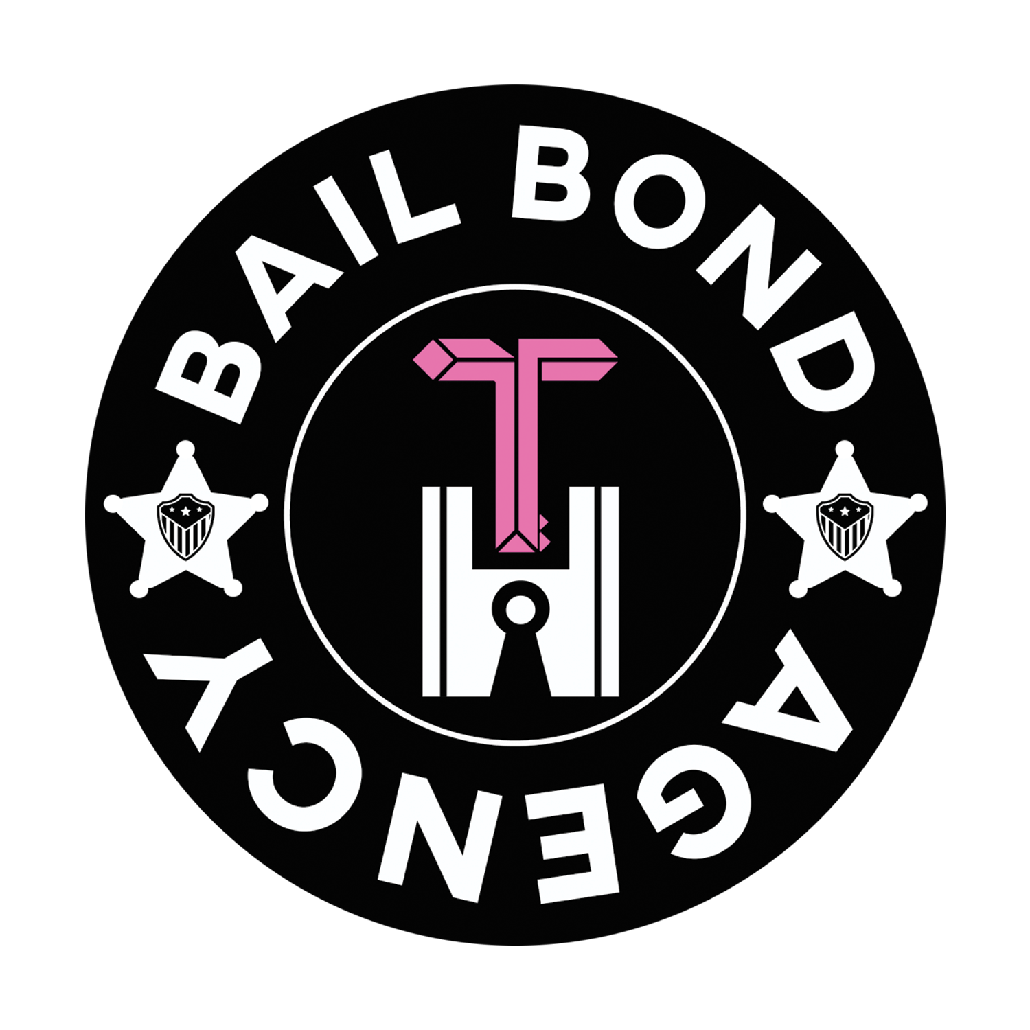 T & H Bail Bonds Agency LLC Black and white Bail Bond Agency logo with pink accents. Contains a keyhole, T-shaped design, and stars.