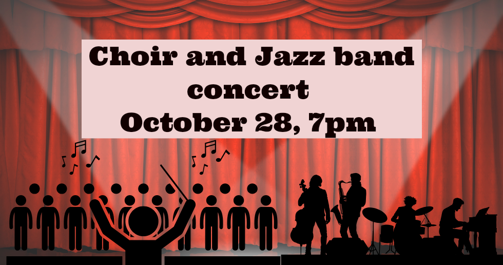 Choir and jazz band concert poster with red stage curtains and black musician silhouettes, October 28, 7pm