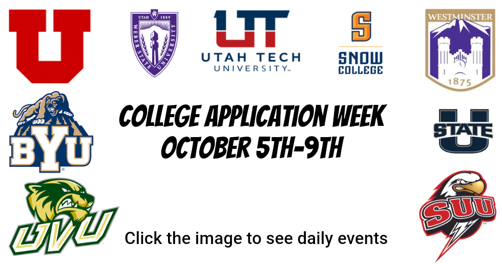 College application week poster with Utah colleges logos; October 5th–9th and “Click the image to see daily events”