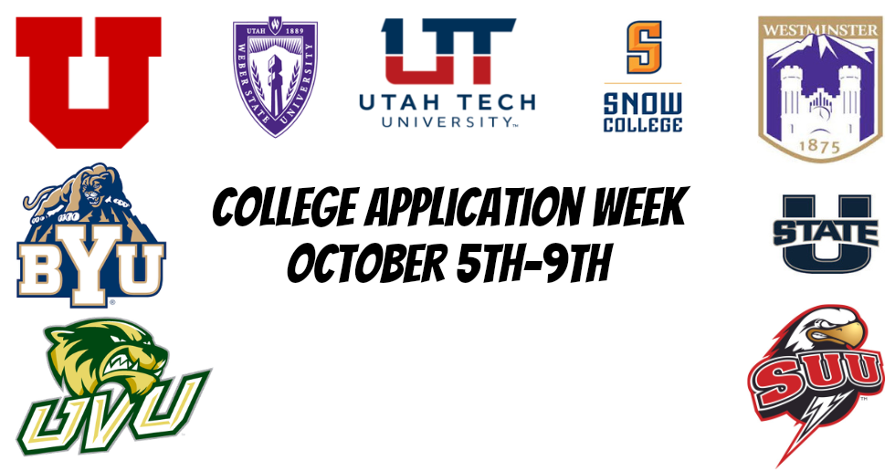 College application week poster with Utah college logos and dates October 5th–9th.