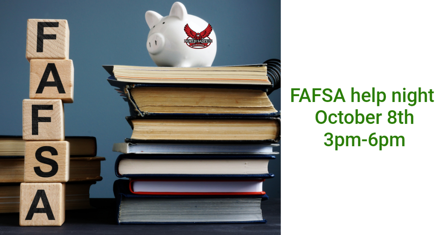 FAFSA help night flyer with stacked books, FAFSA blocks, and text: October 8th, 3pm-6pm