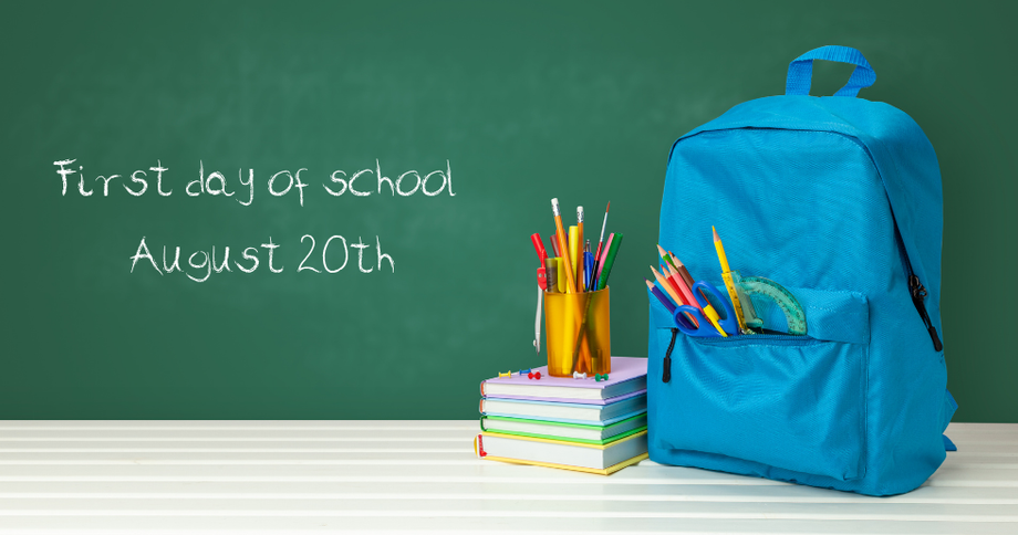 Chalkboard with “First day of school August 26th,” beside a blue backpack, books, and pencils