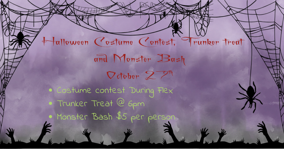 Purple Halloween event poster with spiders, bats, and silhouetted trick-or-treaters under a full moon