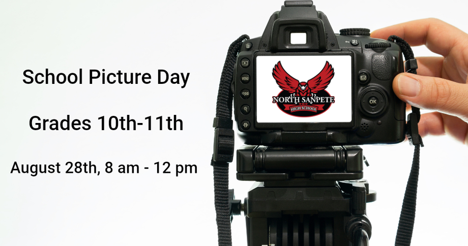 School Picture Day flyer with camera, grades 10th–11th, August 28th, 8 am–12 pm