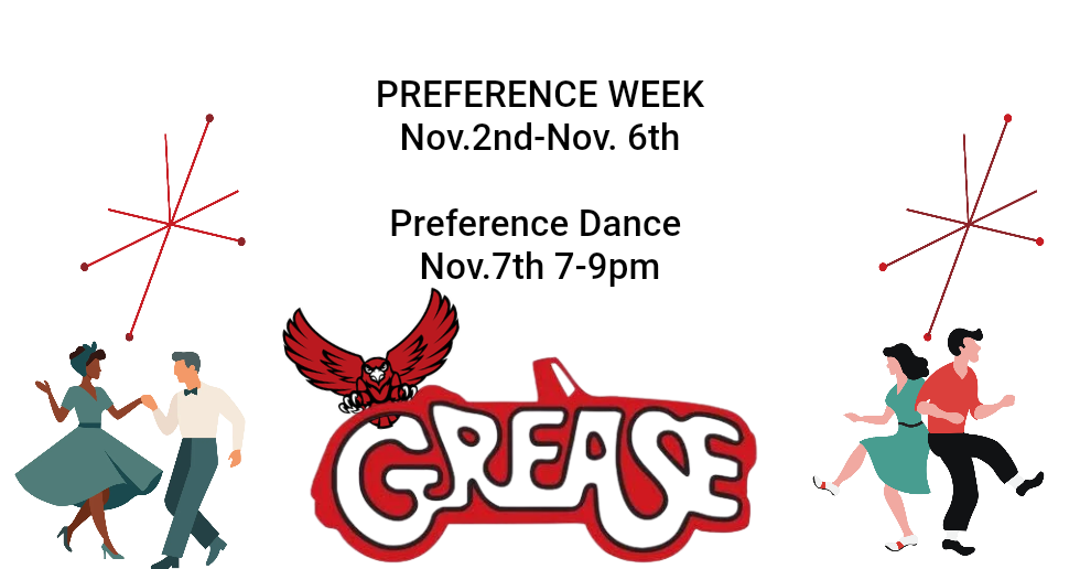 Grease-themed preference week and dance flyer with red logo and dancing couples