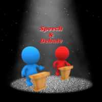 Two 3d people are standing at podiums in a speech and debate.