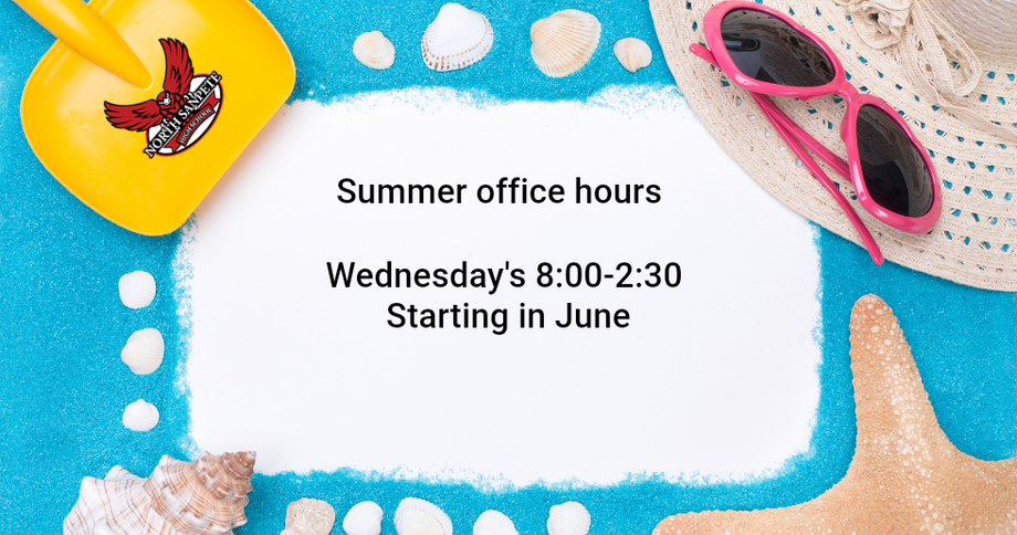 Summer office hours notice: Wednesday 8:00–2:30, starting in June, on a beach-themed background