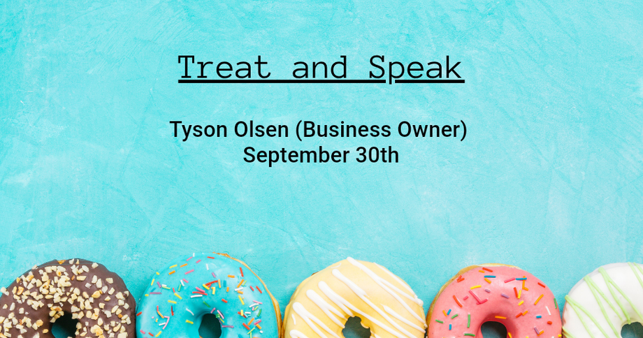 Treat and Speak event flyer with donut row, turquoise background, Tyson Olsen name, and September 30th date