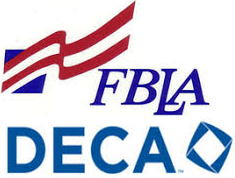 A logo for the fbi and deca with a flag on a white background.