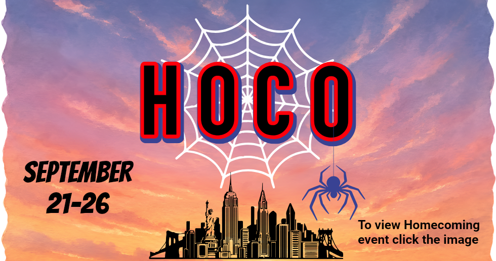 HOCO poster with spiderweb, skyline, spider, and September 21–26 in bold red sunset-themed design