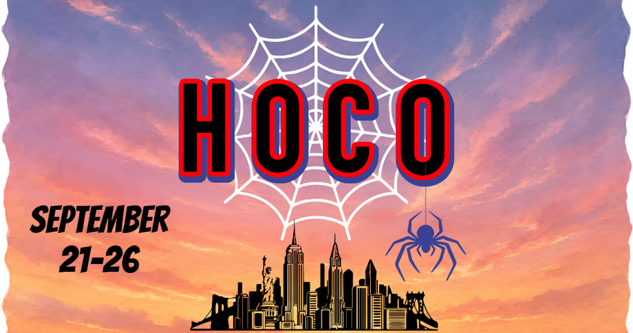 HOCO poster with spiderweb, skyline, spider, and September 21–26 in bold red sunset-themed design