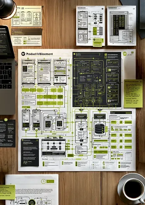 Desk with multiple printed design sheets, sticky notes, and a coffee mug on a wooden surface.