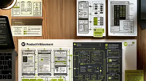 Collage of product design sketches, UI mockups, and layout boards pinned on a desk