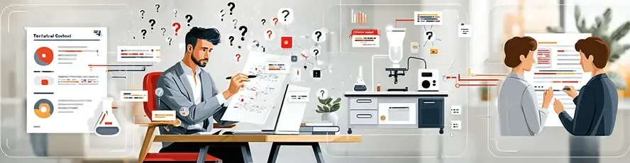 People in a modern office discussing analytics with charts on screens and a laptop on the desk