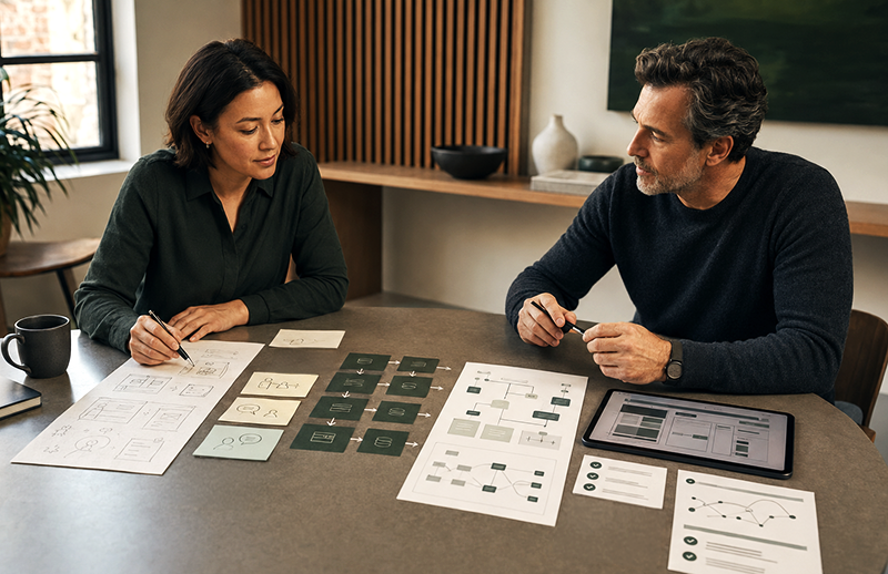 Two people review cards and notes at a table in a meeting room with a laptop and coffee mug.