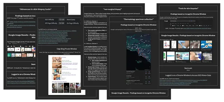 A bunch of papers are sitting on top of each other displaying various insights from SEO research,
