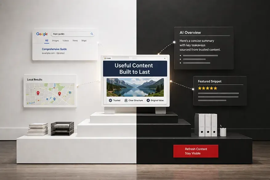 Desktop office display with floating UI panels, a central “Useful Content” screen, and a red call-to-action button