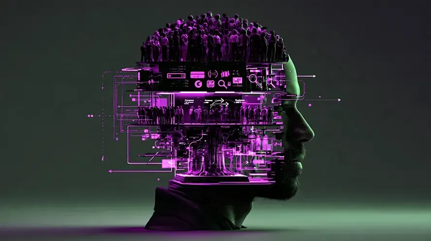 Profile of a human head silhouette with glowing purple digital circuitry on a dark background