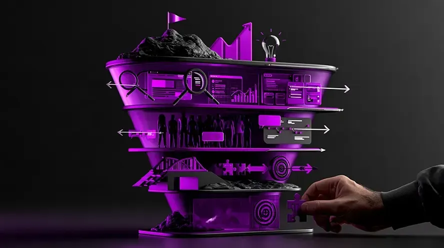 Neon purple futuristic platform with floating UI panels and a hand reaching in from the right